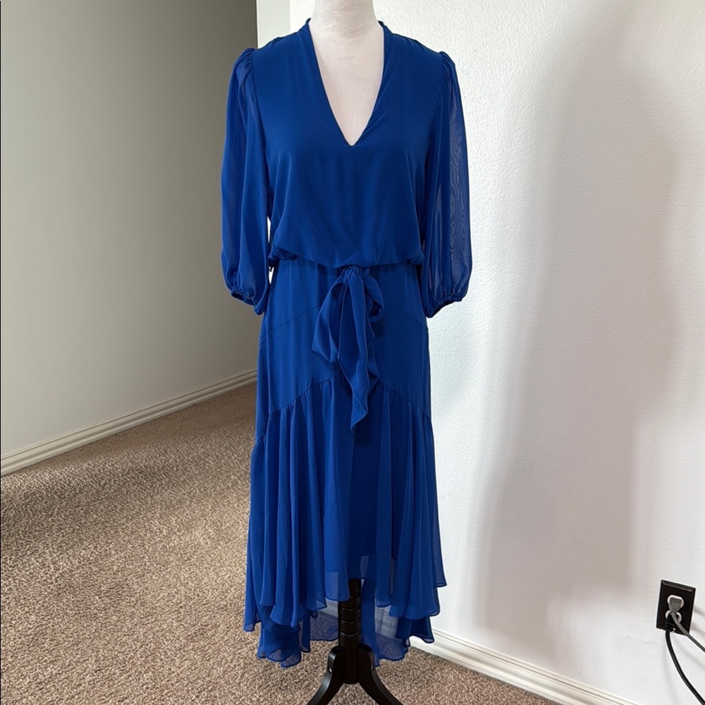 Taylor Blue Wrap Sundress with V-Neck and Bishop Sleeves